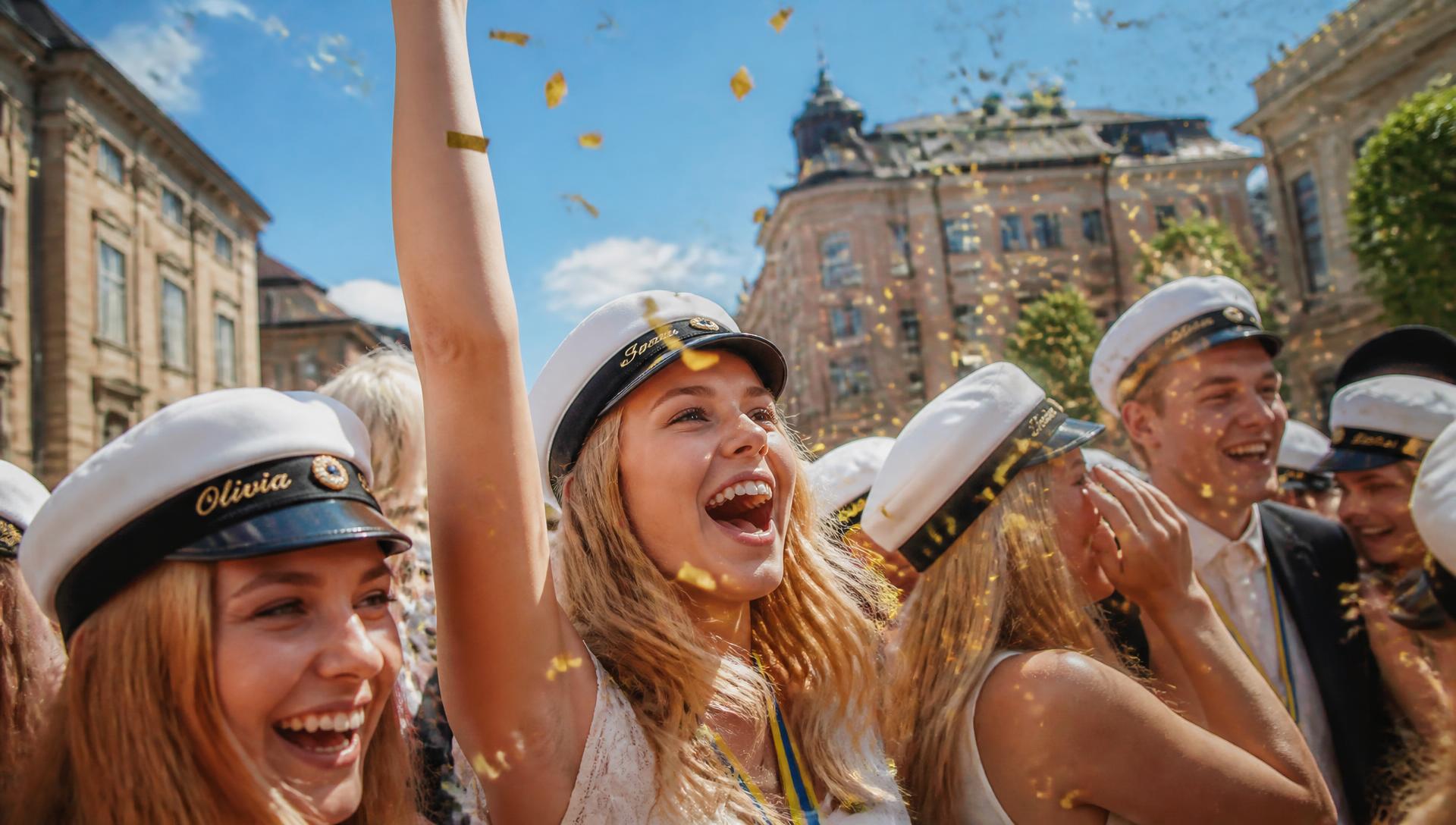 Studenter firar med studentmössor och guldkonfetti
