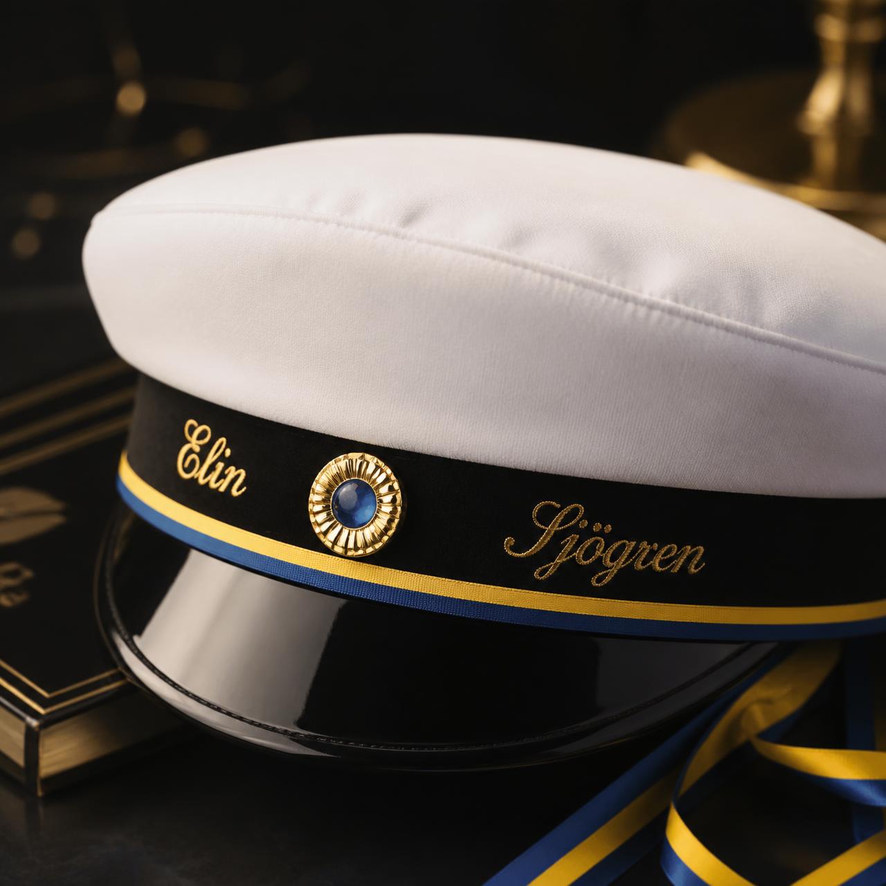 Studentmössa med broderat namn och gulddetaljer